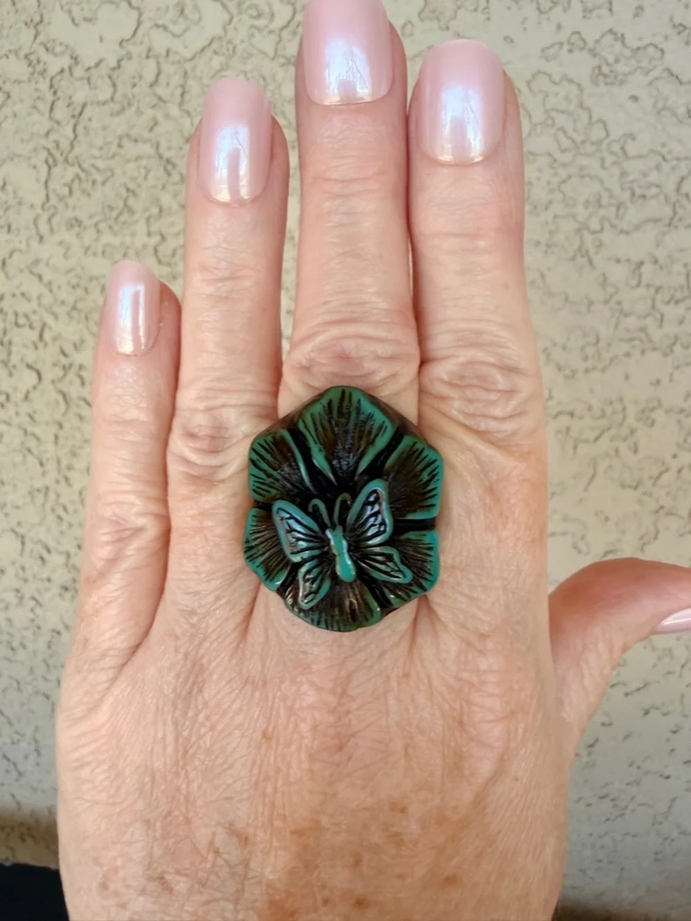 Chunky Acrylic Green Floral Butterfly Statement Ring